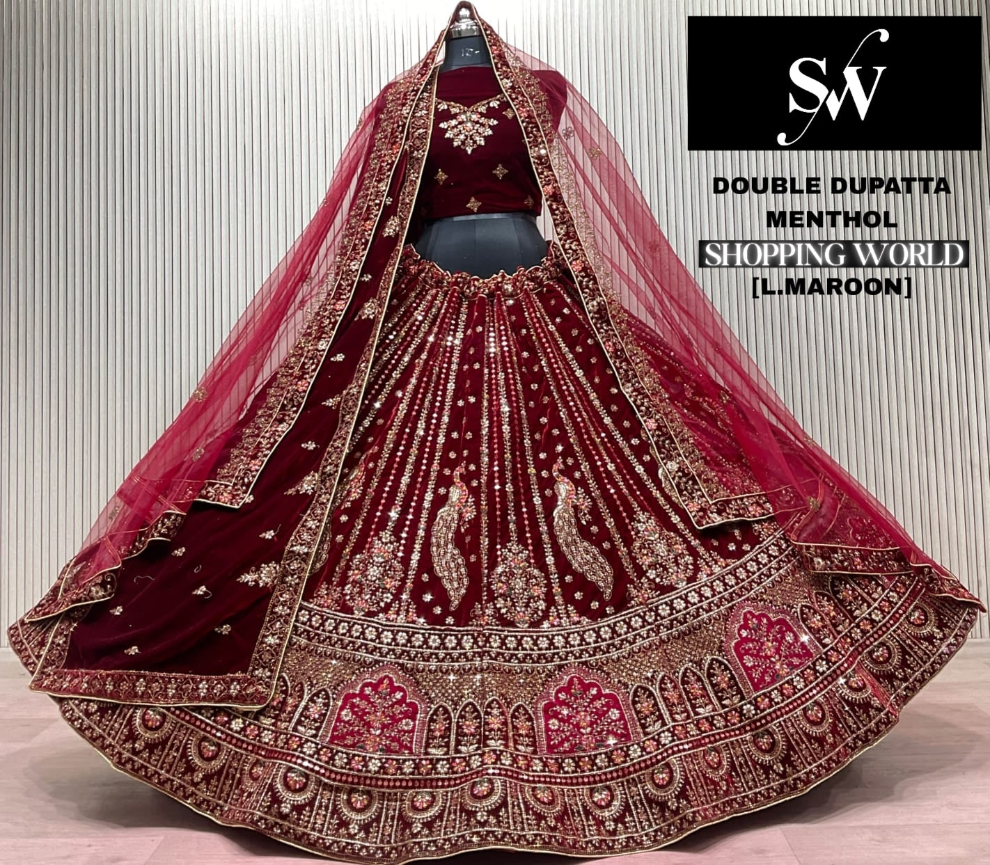 Dark Maroon Double Dupatta Bridal Lehenga