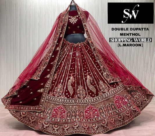 Dark Maroon Double Dupatta Bridal Lehenga