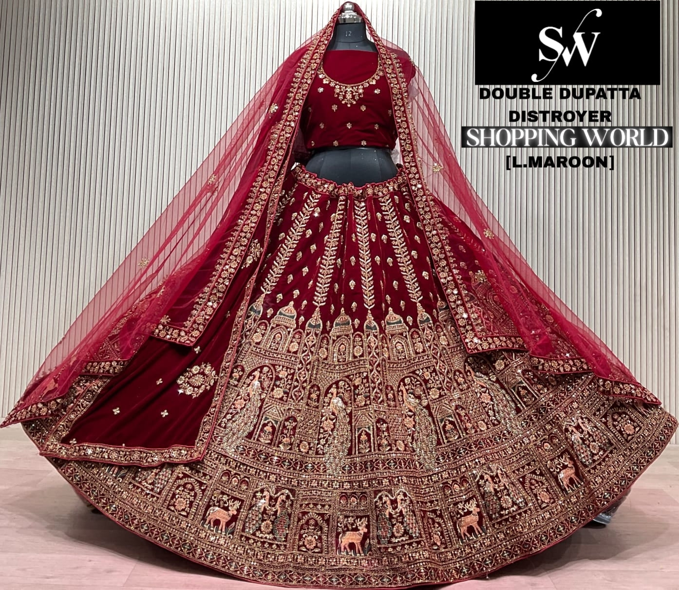 Dark Maroon Double Dupatta Bridal Lehenga