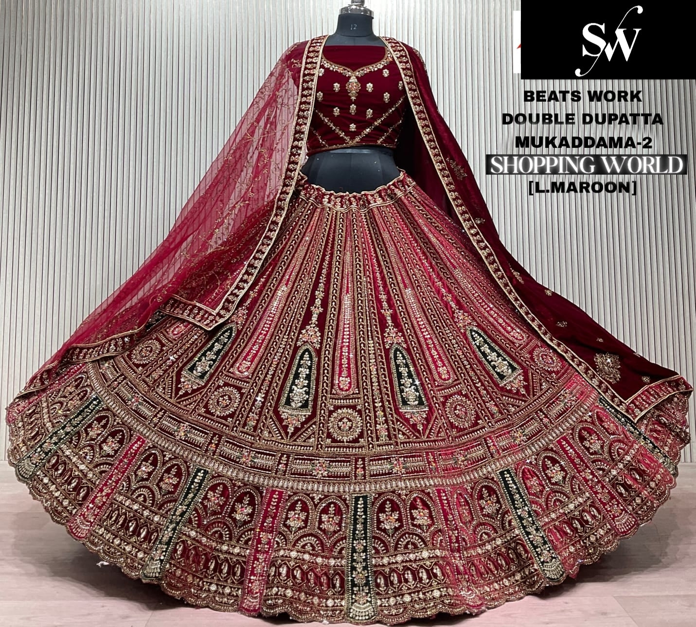 Dark Maroon Double Dupatta Bridal Lehenga