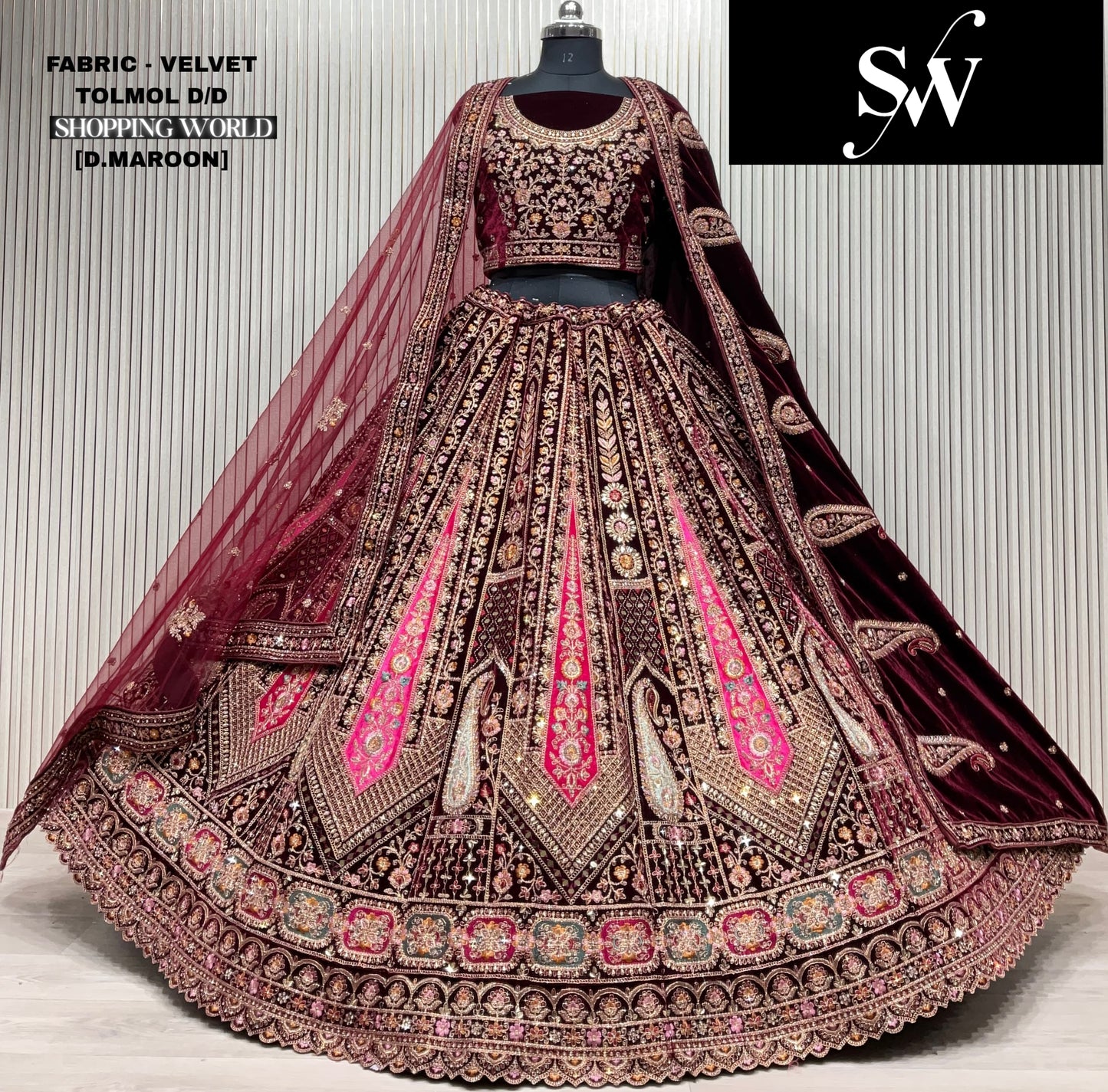 Dark Maroon Velvet Peacock Bridal Lehenga