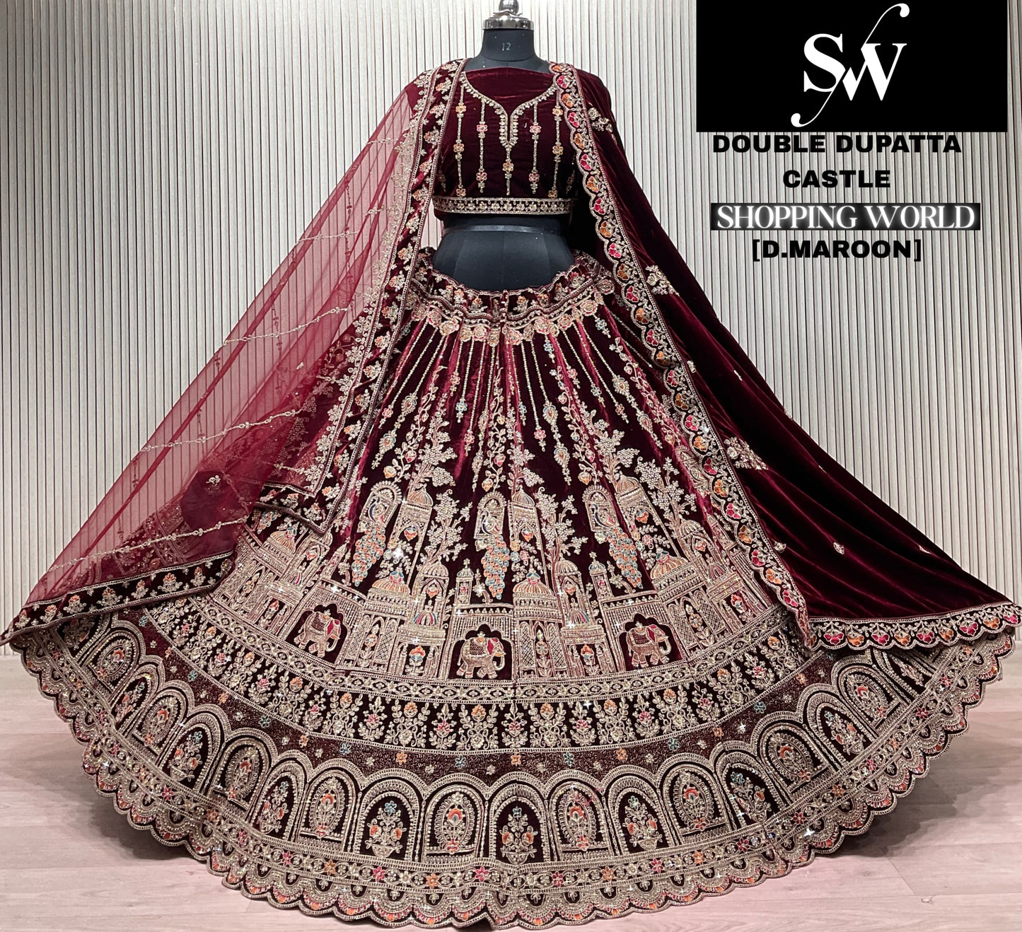 Dark Maroon Double Dupatta Bridal Lehenga