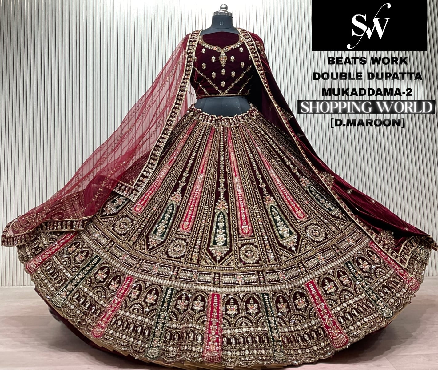 Light Maroon Double Dupatta Bridal Lehenga