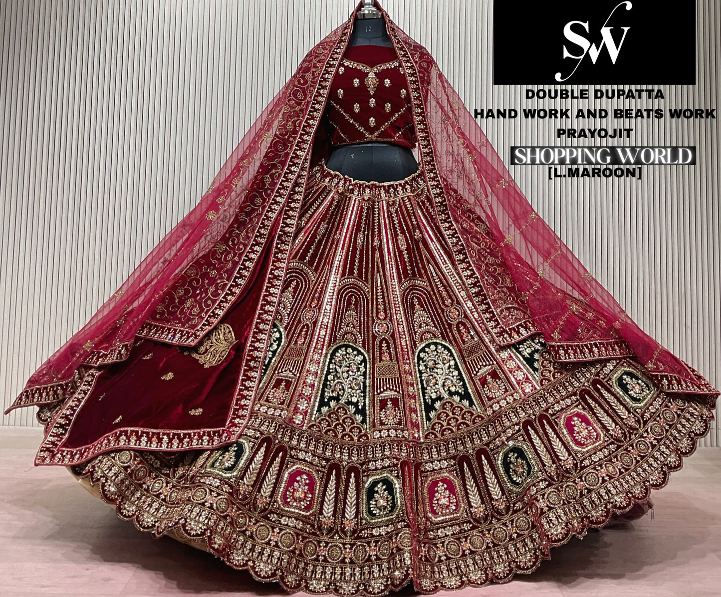 Light Maroon Double Dupatta Bridal Lehenga
