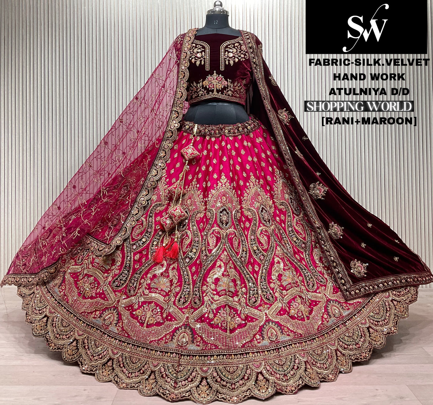 Maroon White Silk Bridal Lehenga