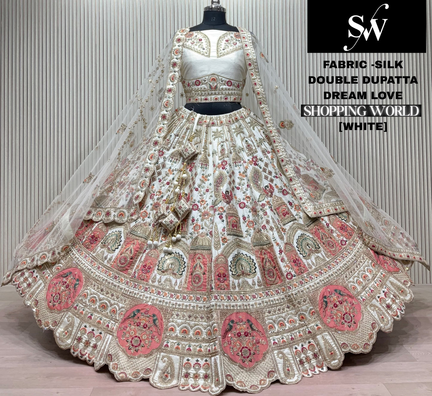 White Silk Double Dupatta Peacock Bridal Lehenga