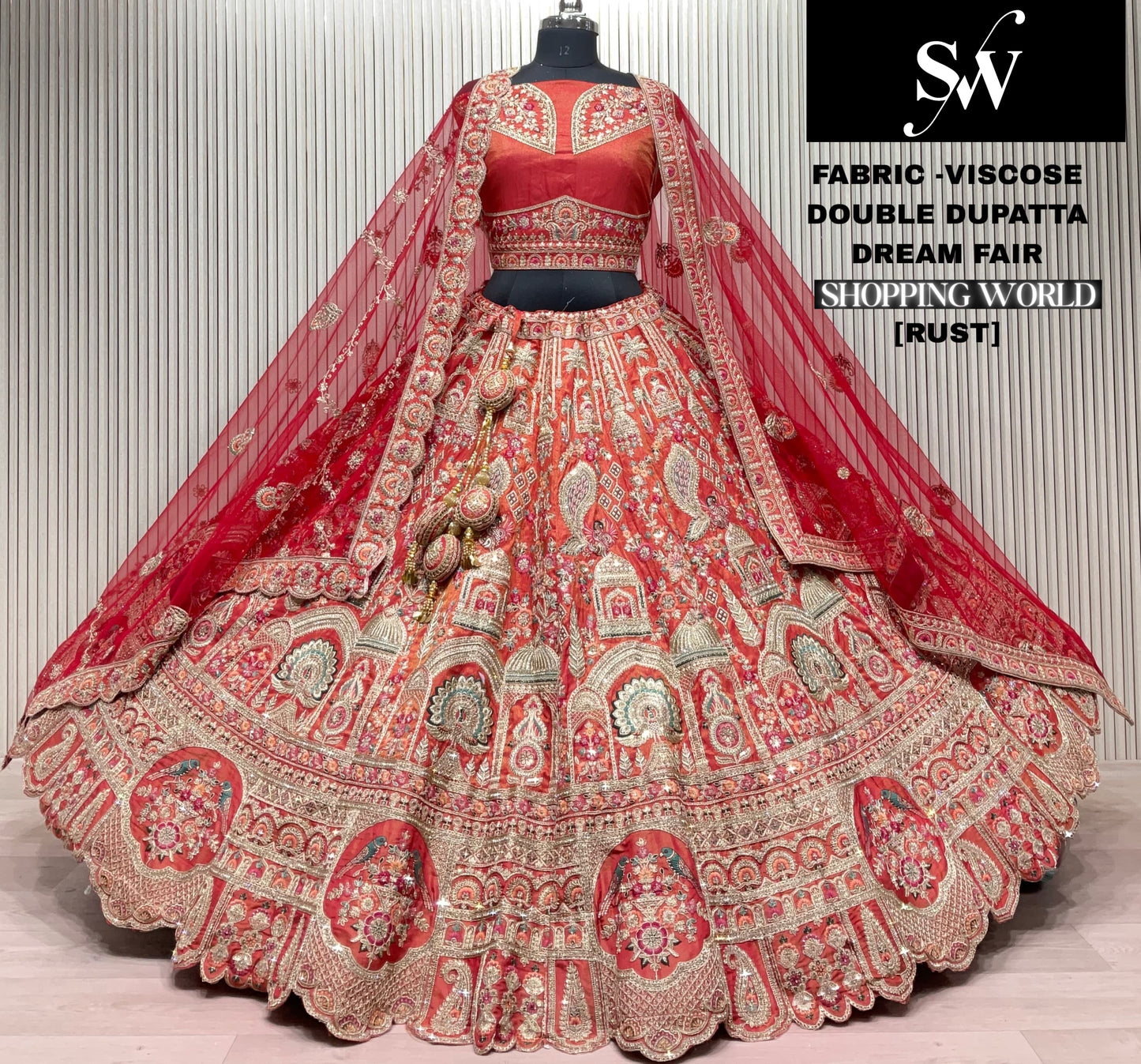 Rani Pink Viscose Double Dupatta Bridal Lehenga
