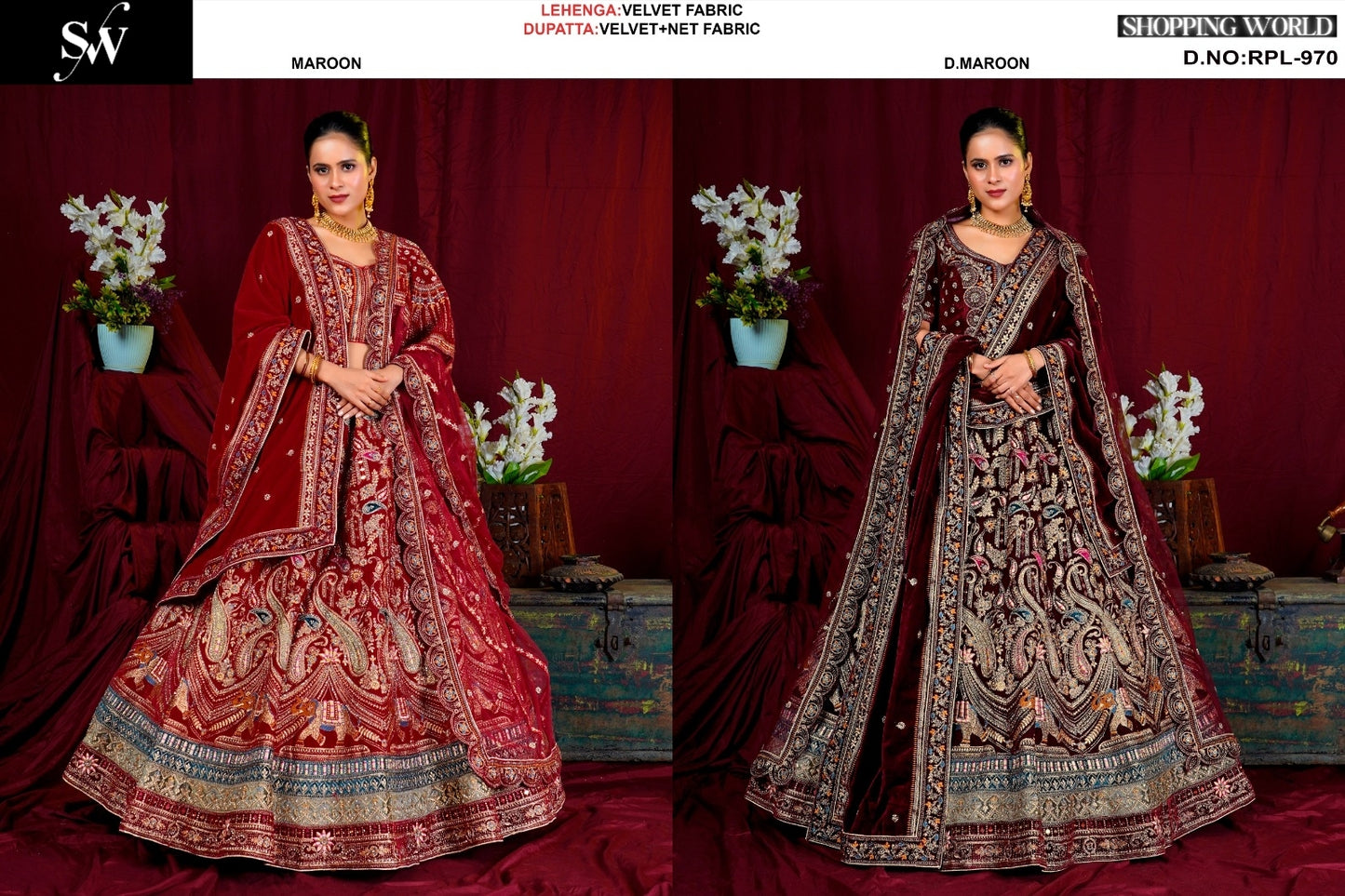 Maroon Dark Maroon Velvet Bridal Lehenga
