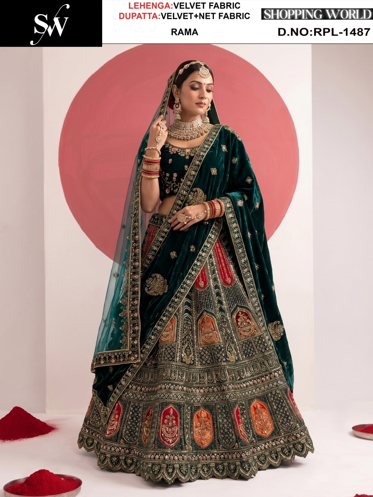 Rama Green Velvet Bridal Lehenga