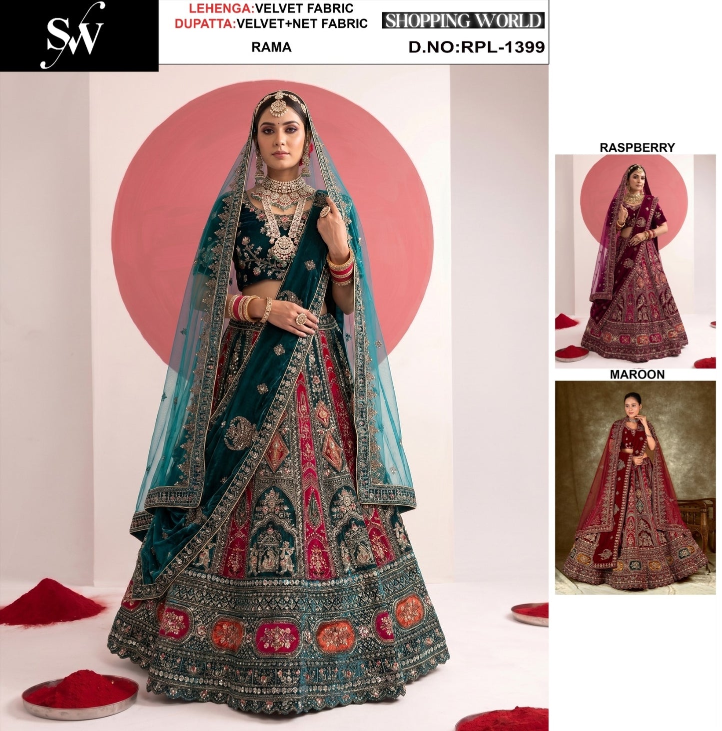 Rama Green Velvet Bridal Lehenga