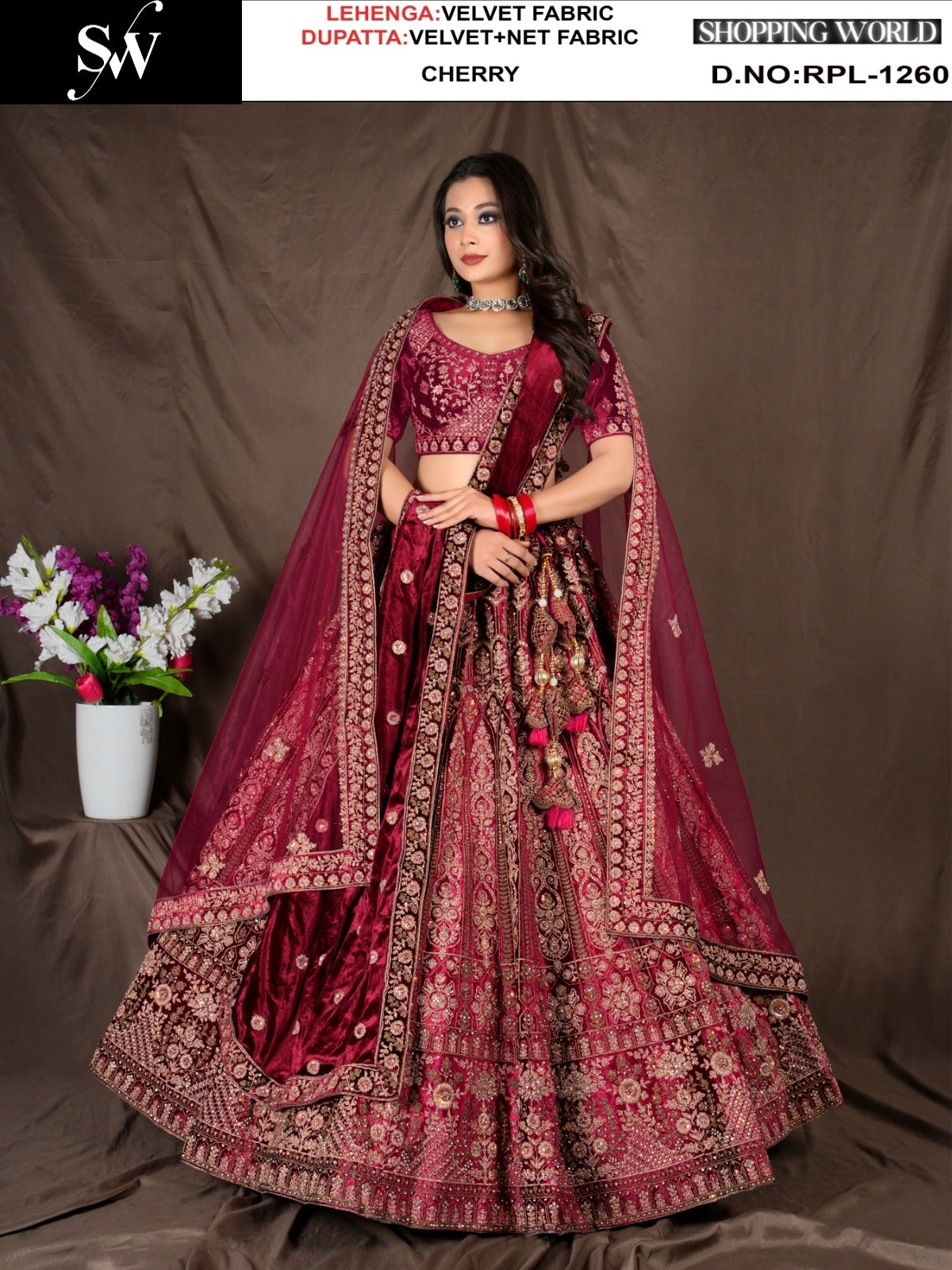 Cherry Maroon Velvet Bridal Lehenga
