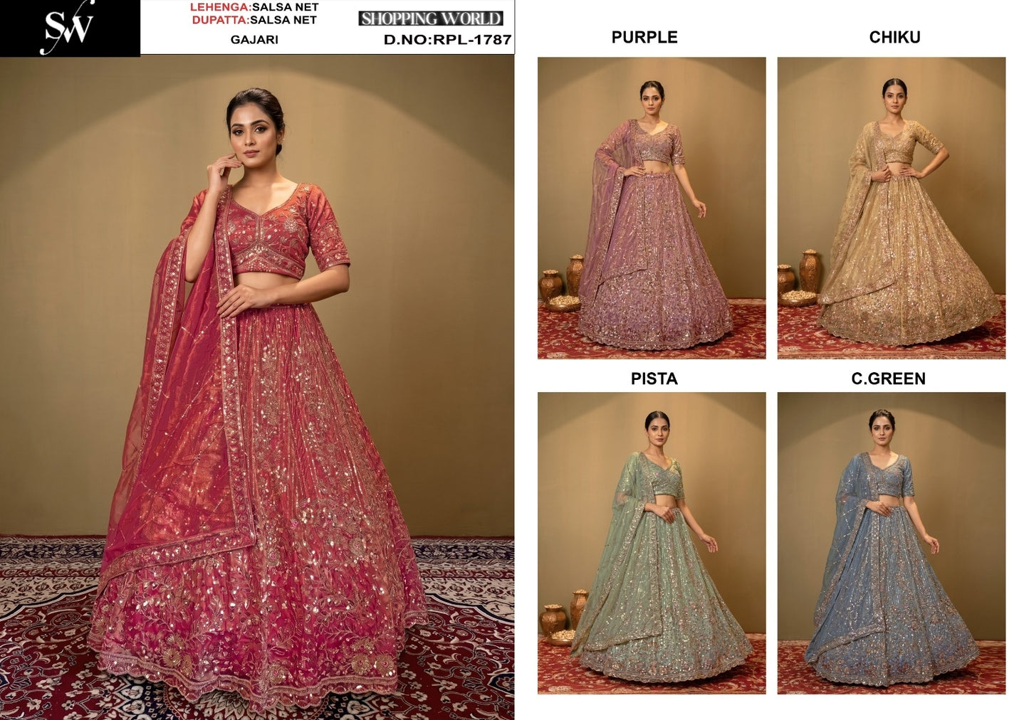 Gajri Pink Purple Chiku Golden Pista Green Sea Green Salsa Net Lehenga