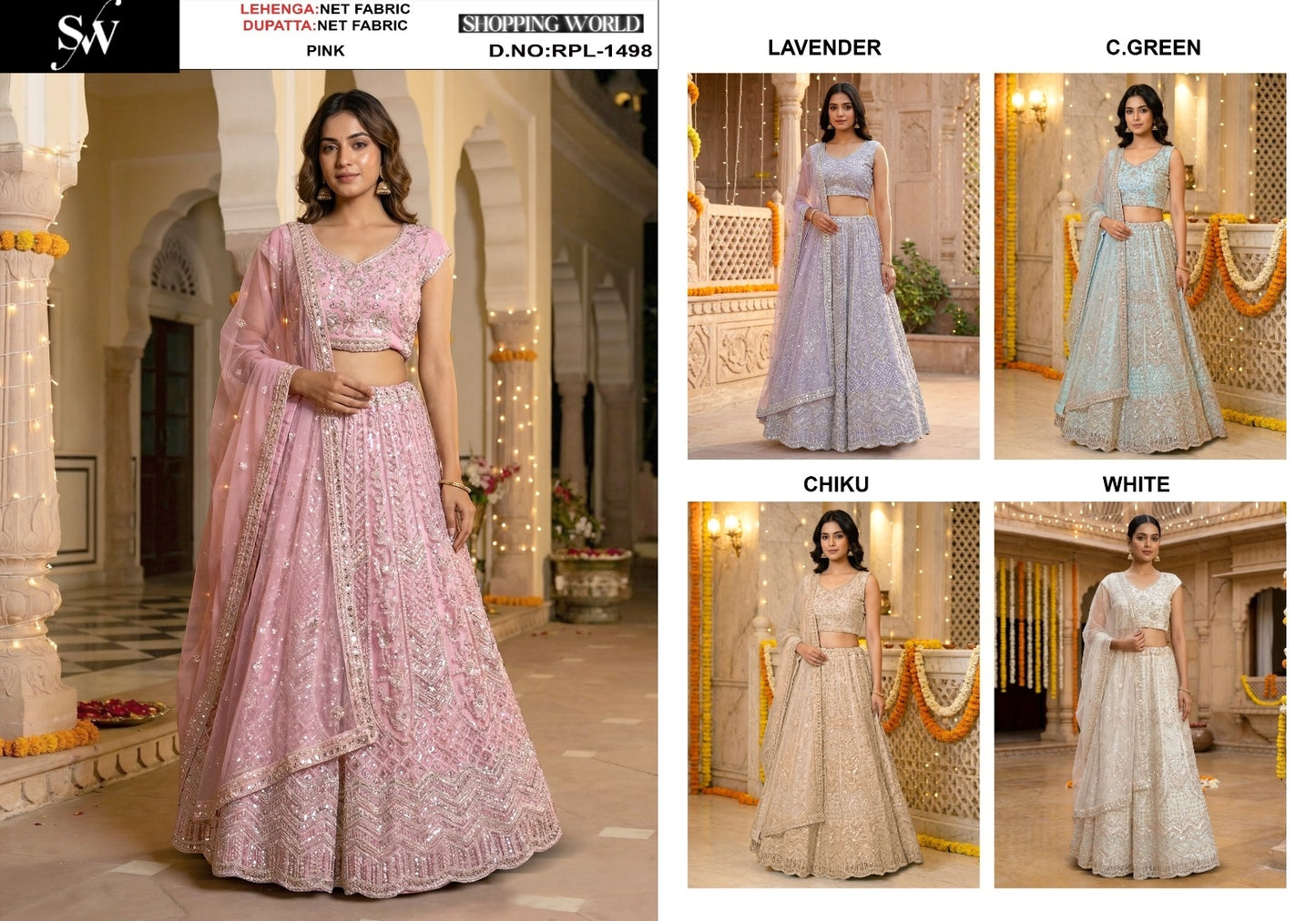 Pink Lavender Sea green Chiku Golden White Net Lehenga
