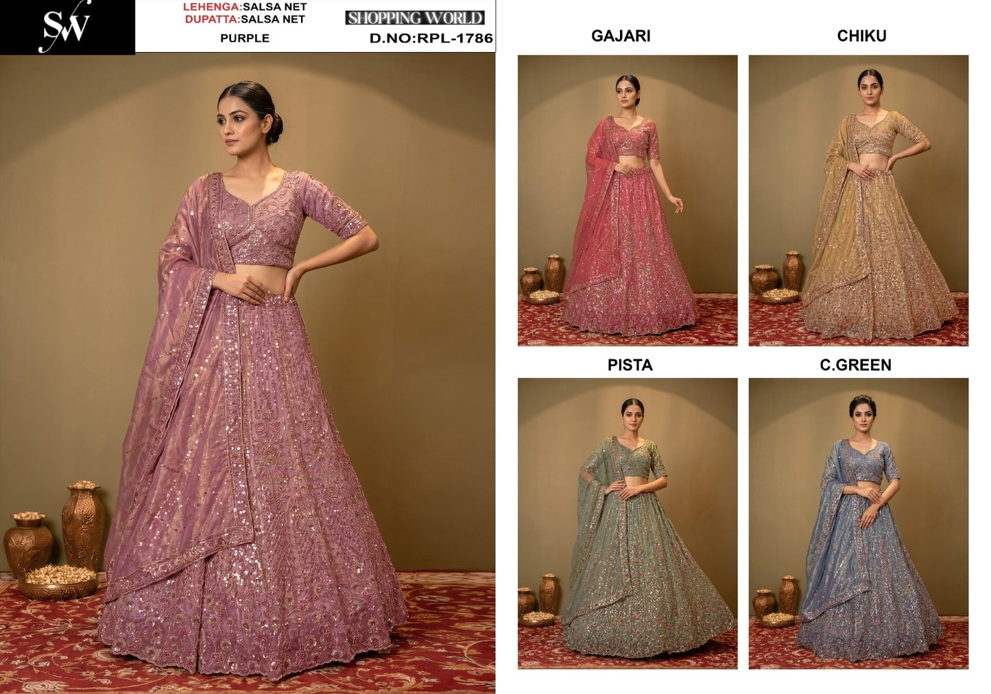 Purple Gajri Pink Chiku Golden Pista Green Sea Green Blue Salsa Net Lehenga