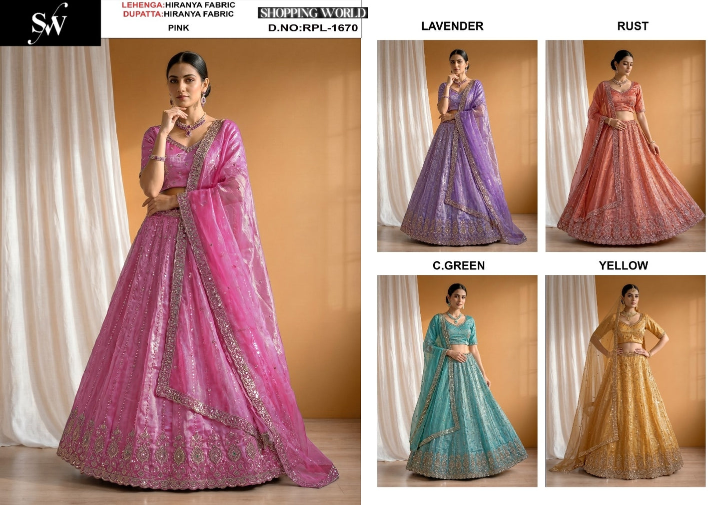 Pink Lavender Rust Orange Sea Green Blue Yellow Haldi Mehendi Hiranya Lehenga