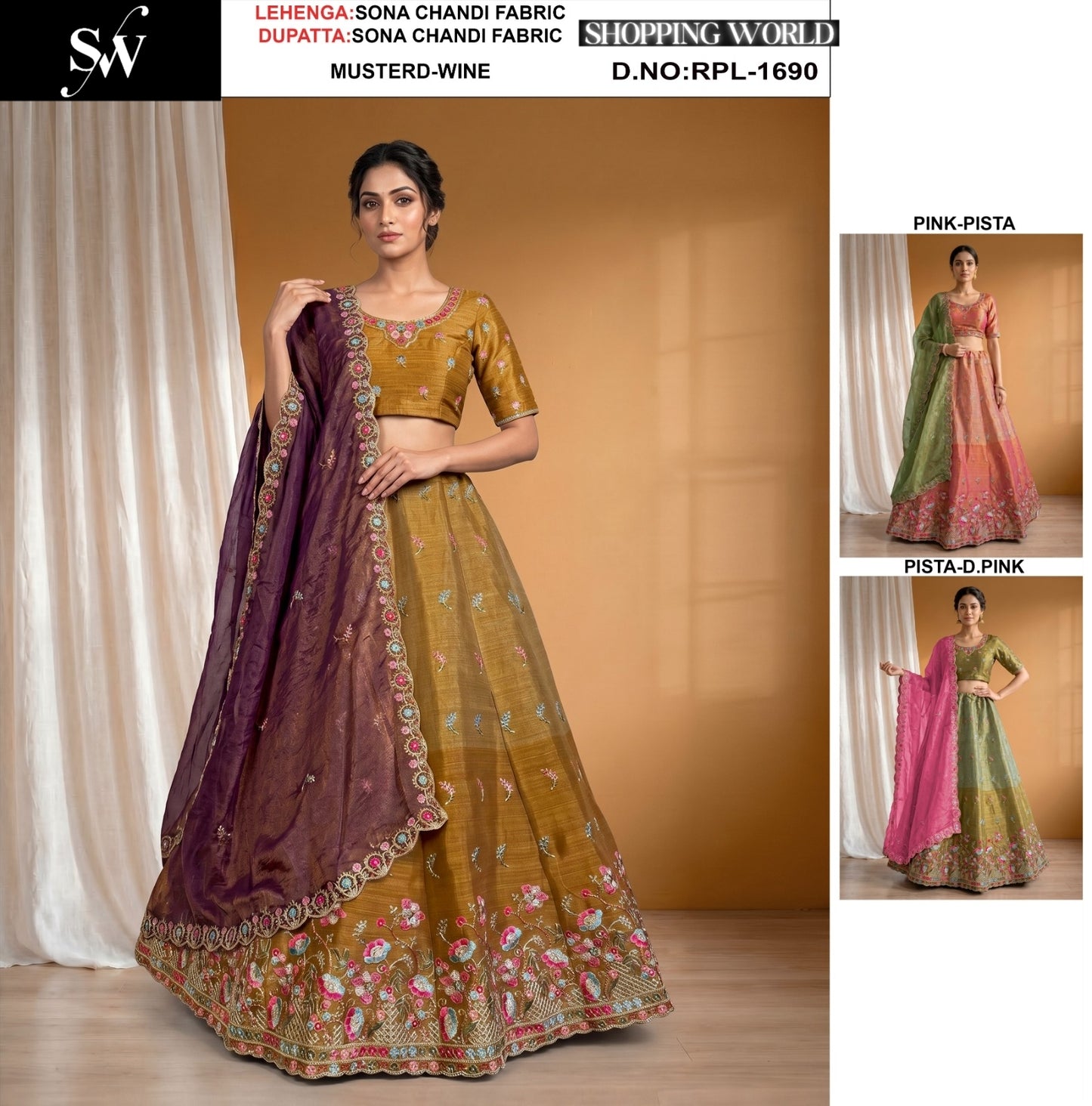 Mustard Yellow Pink Pista Green Sona Chandi Lehenga