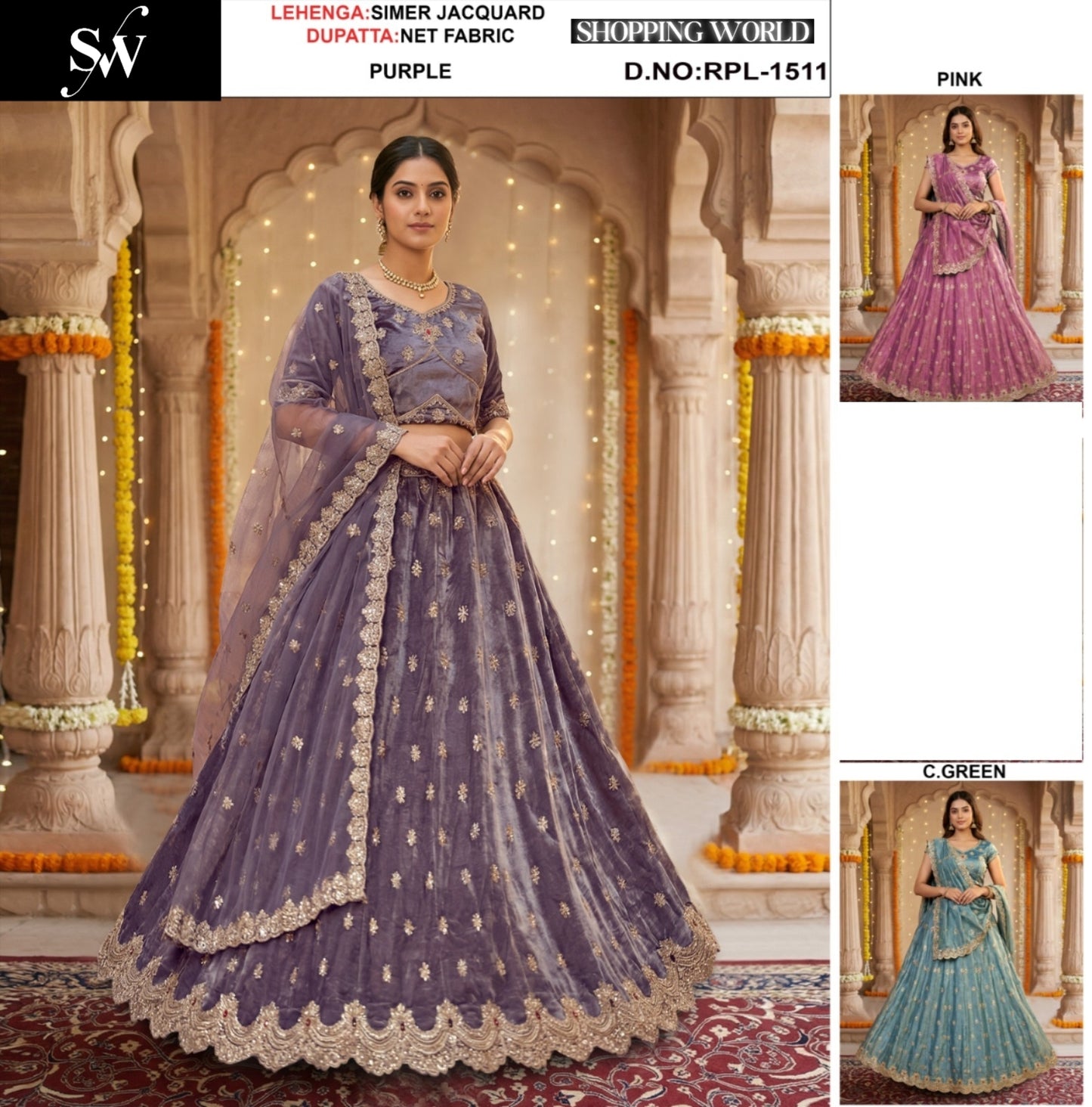 Purple Pink Sea Green Blue Simer Jacquard Lehenga