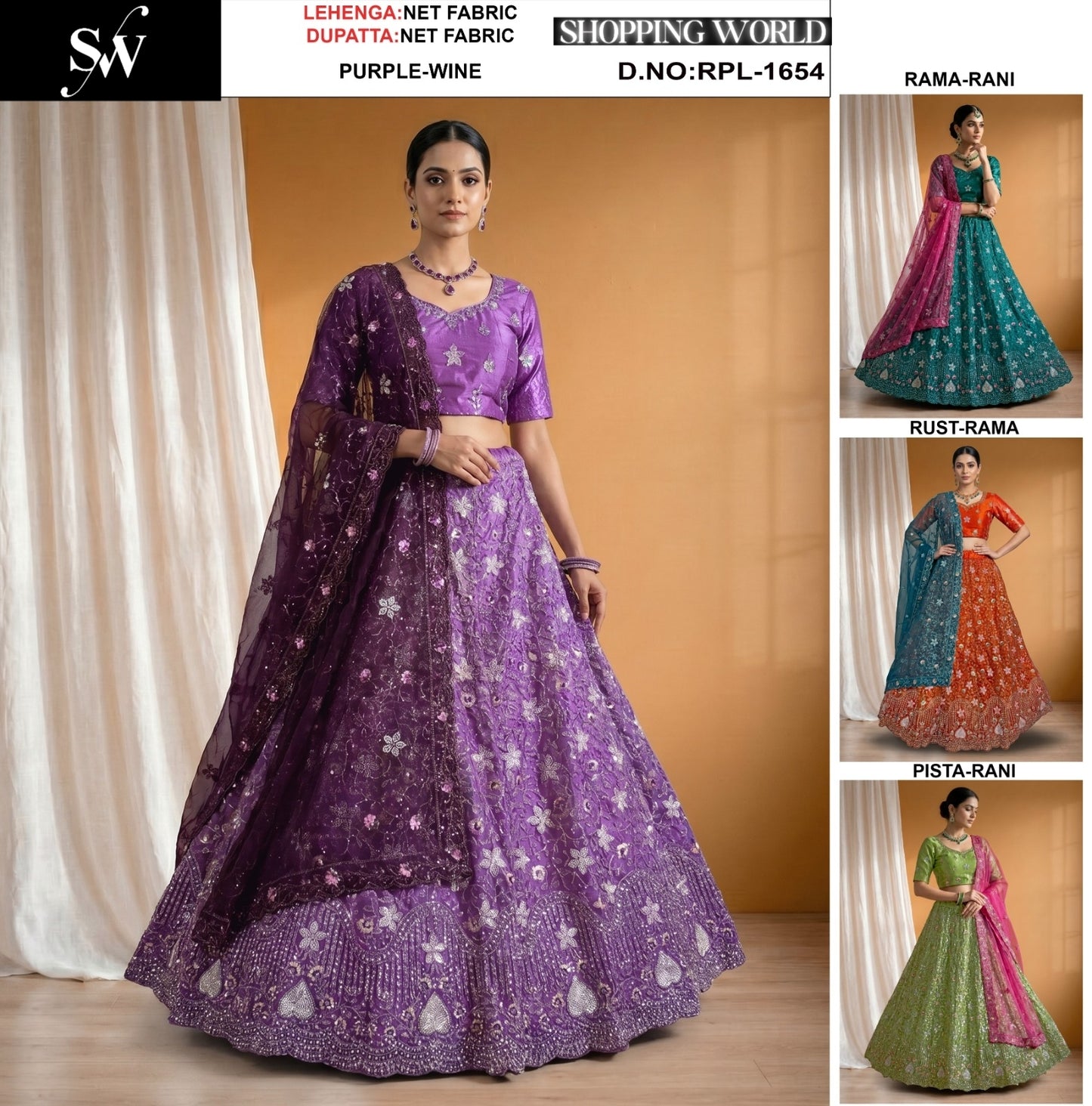 Purple Rama Green Rust Orange Pista Green Net Lehenga