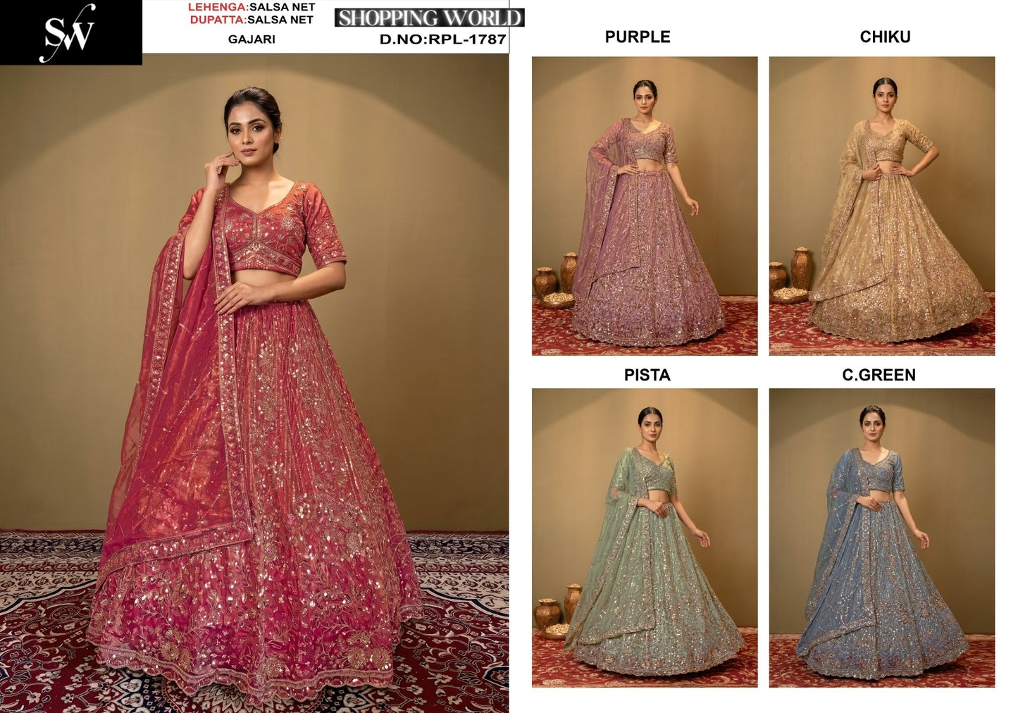 Gajri Pink Purple Chiku Golden Pista Green Sea Blue Salsa Net Lehenga