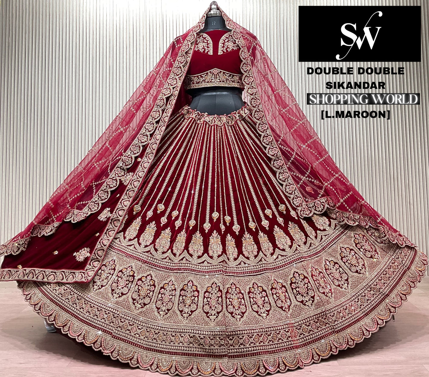 Light Maroon Double Dupatta Bridal Lehenga