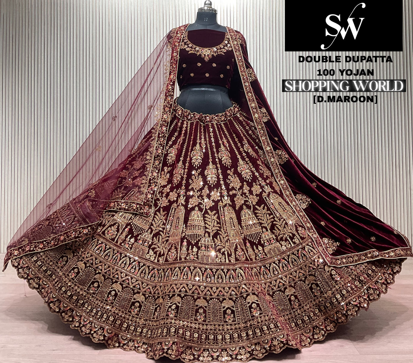 Light Maroon Double Dupatta Bridal Lehenga