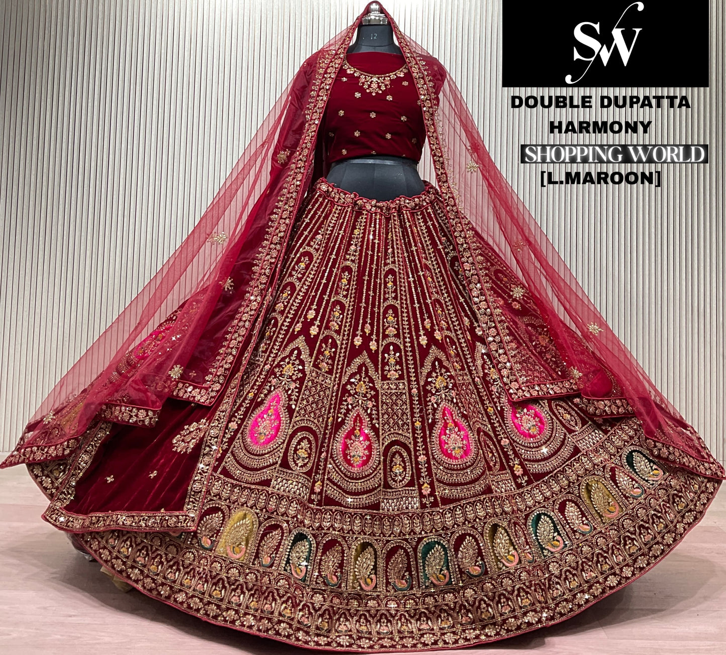 Dark Maroon Double Dupatta Bridal Lehenga