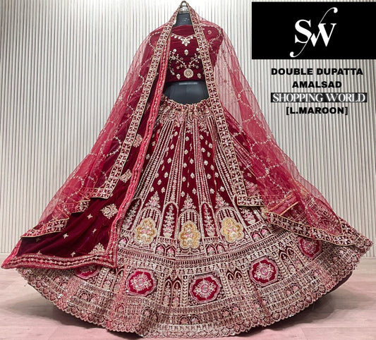 Dark Maroon Double Dupatta Bridal Lehenga