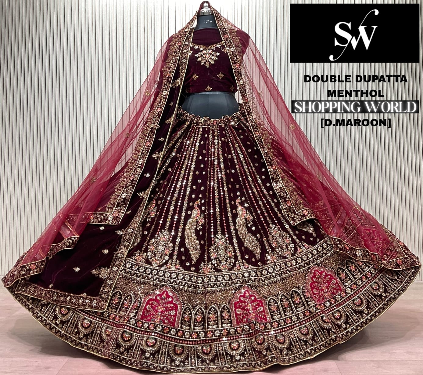 Rani Pink Peacock Double Dupatta Bridal Lehenga