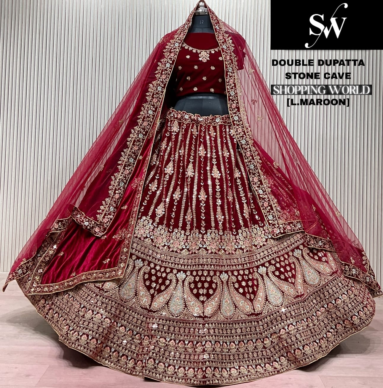 Dark Maroon Double Dupatta Bridal Lehenga