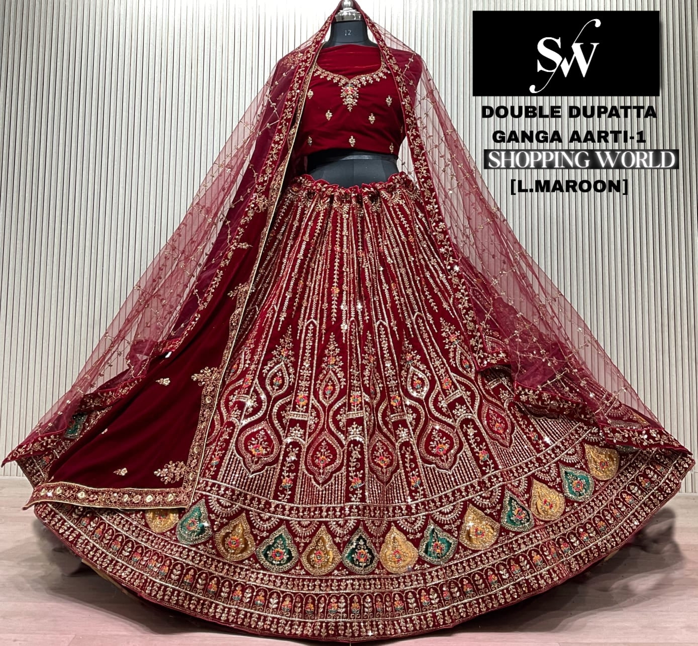 Dark Maroon Double Dupatta Bridal Lehenga