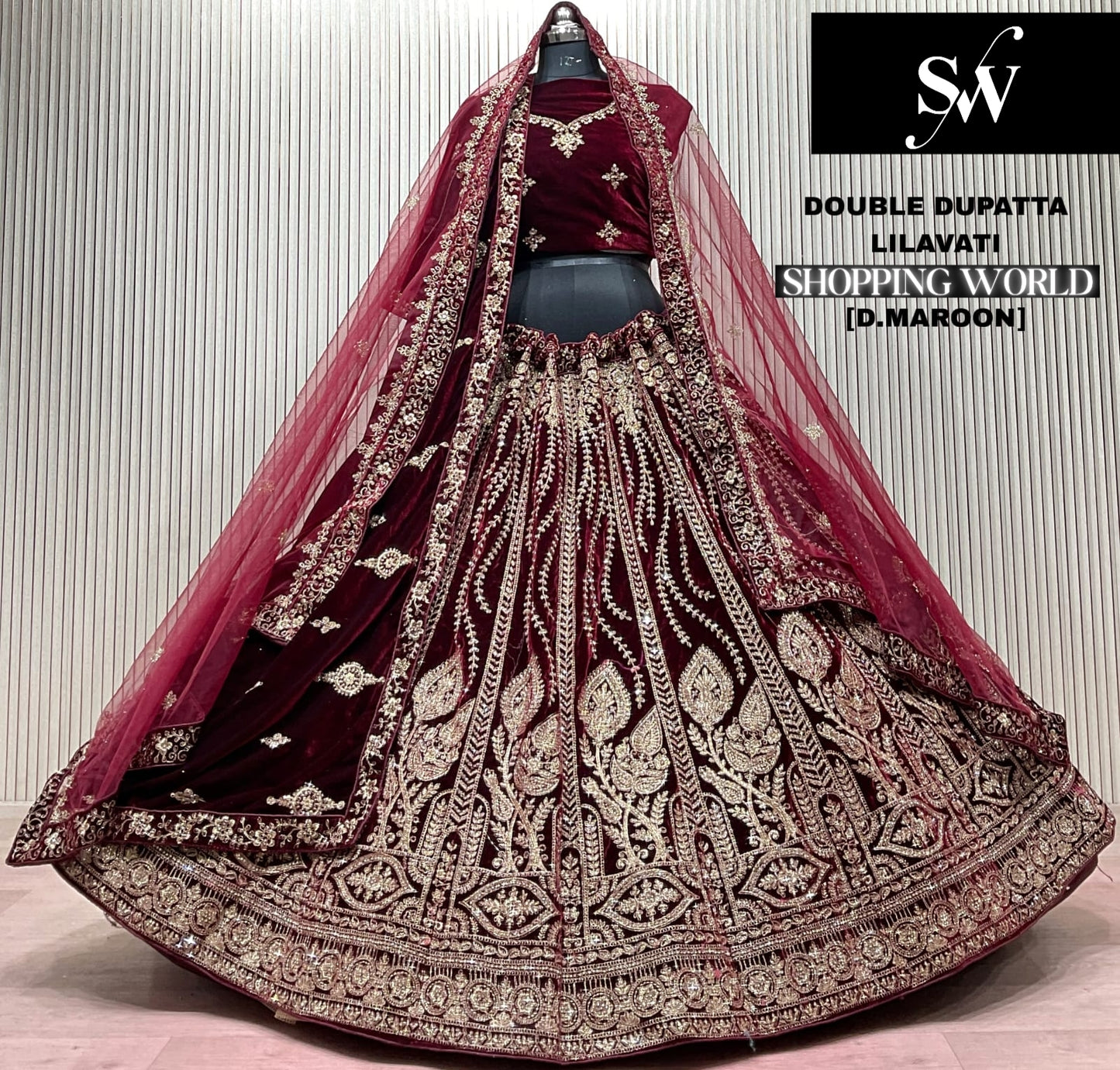 Dark Maroon Double Dupatta Bridal Lehenga