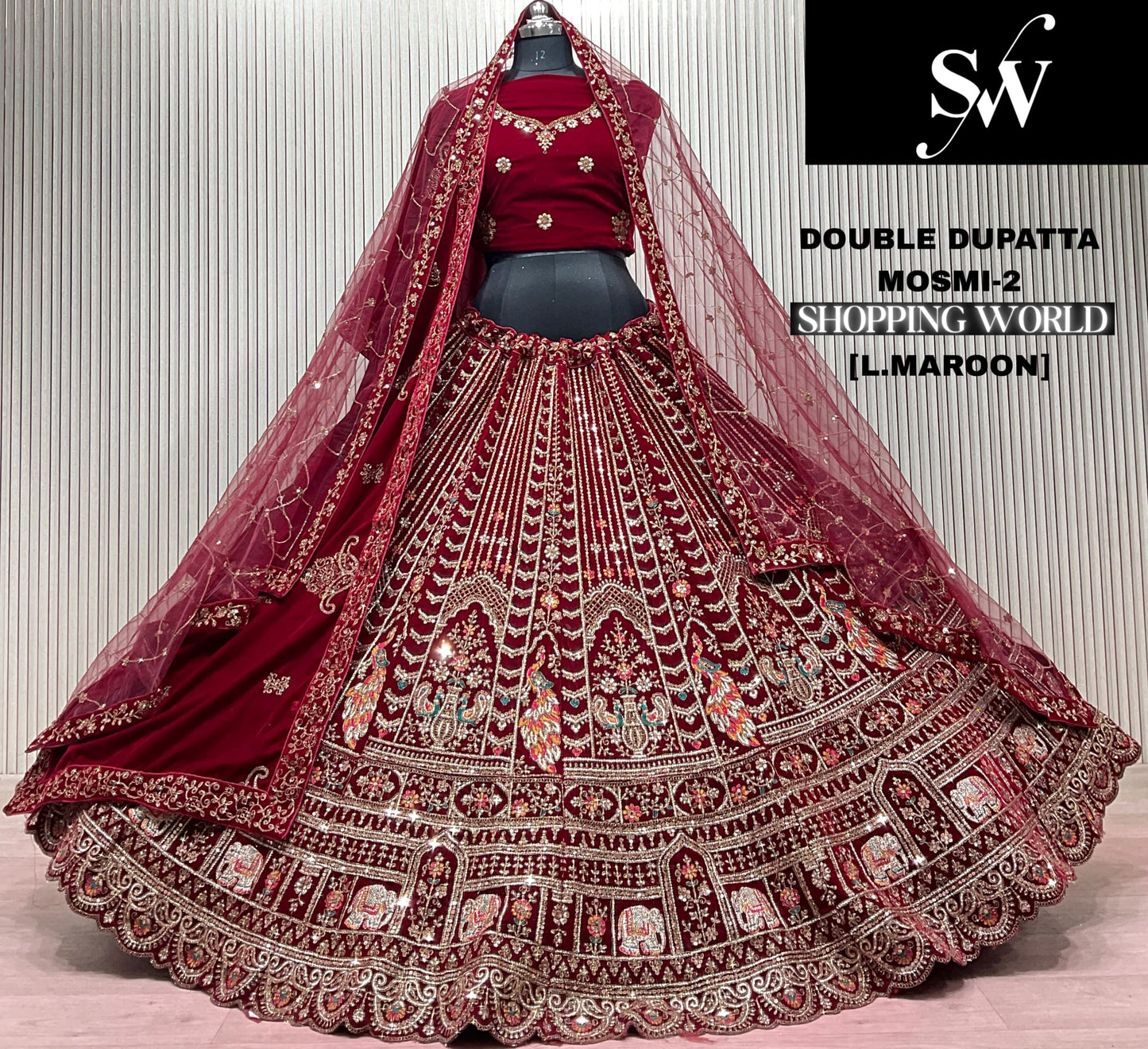 Dark Maroon Double Dupatta Bridal Lehenga