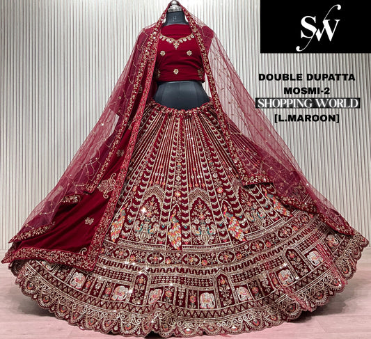 Dark Maroon Double Dupatta Bridal Lehenga