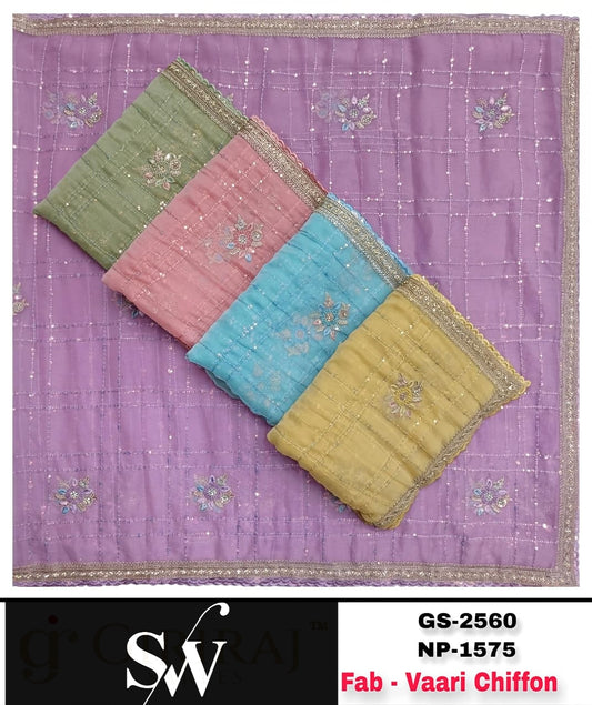Yellow Blue Green Lavender Pink Vaari Chiffon Saree