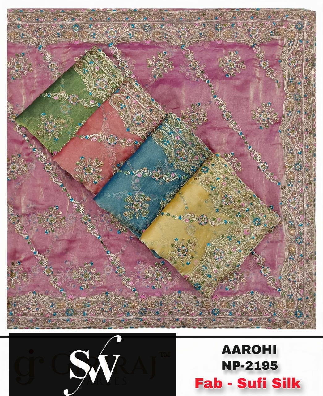 Yellow Blue Green Pink Suffi Silk Saree