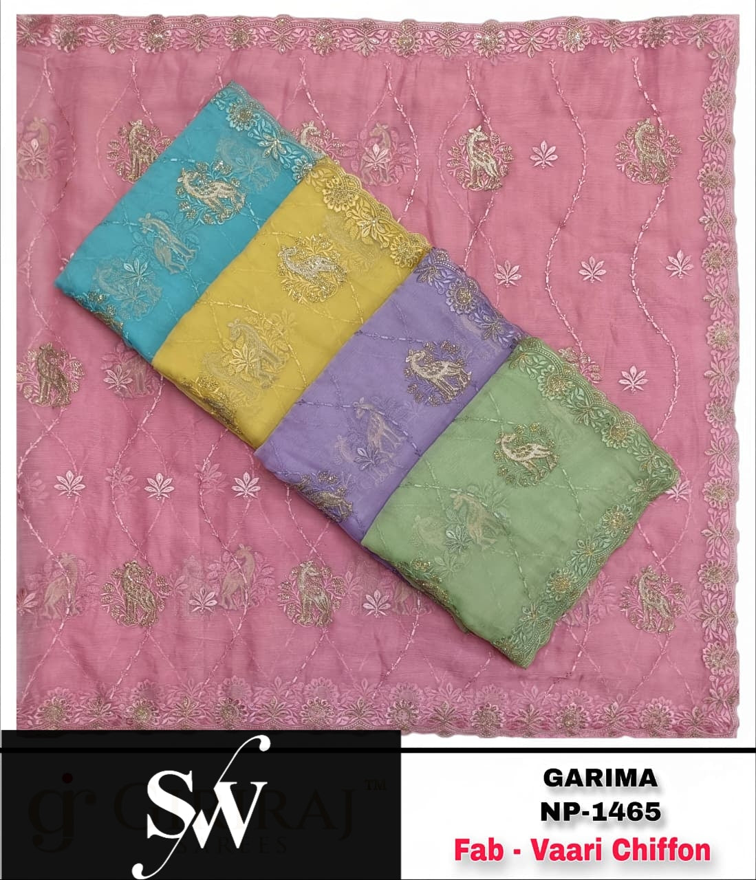 Blue Yellow Purple Green Pink Varri Chiffon Saree