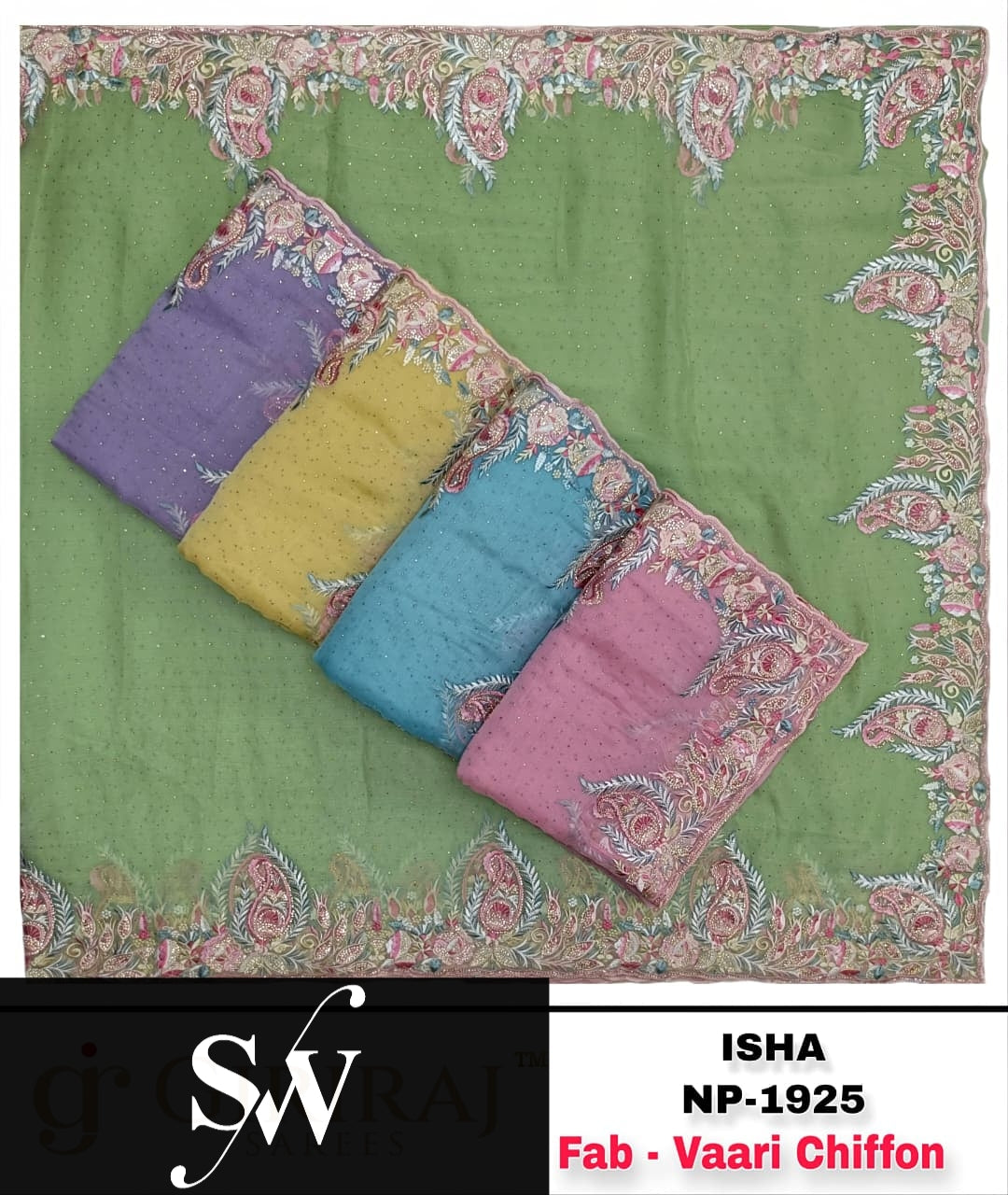 Yellow Blue Lavender Pink Green Vaari Chiffon Saree