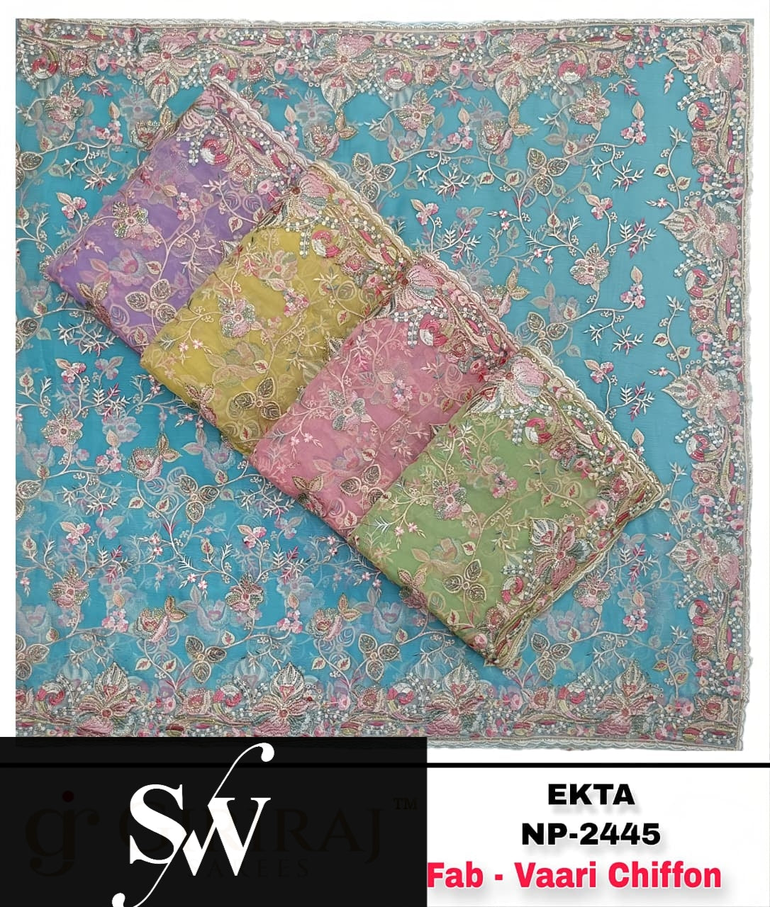 Blue Green Lavender Pink Green Varri Chiffon Saree