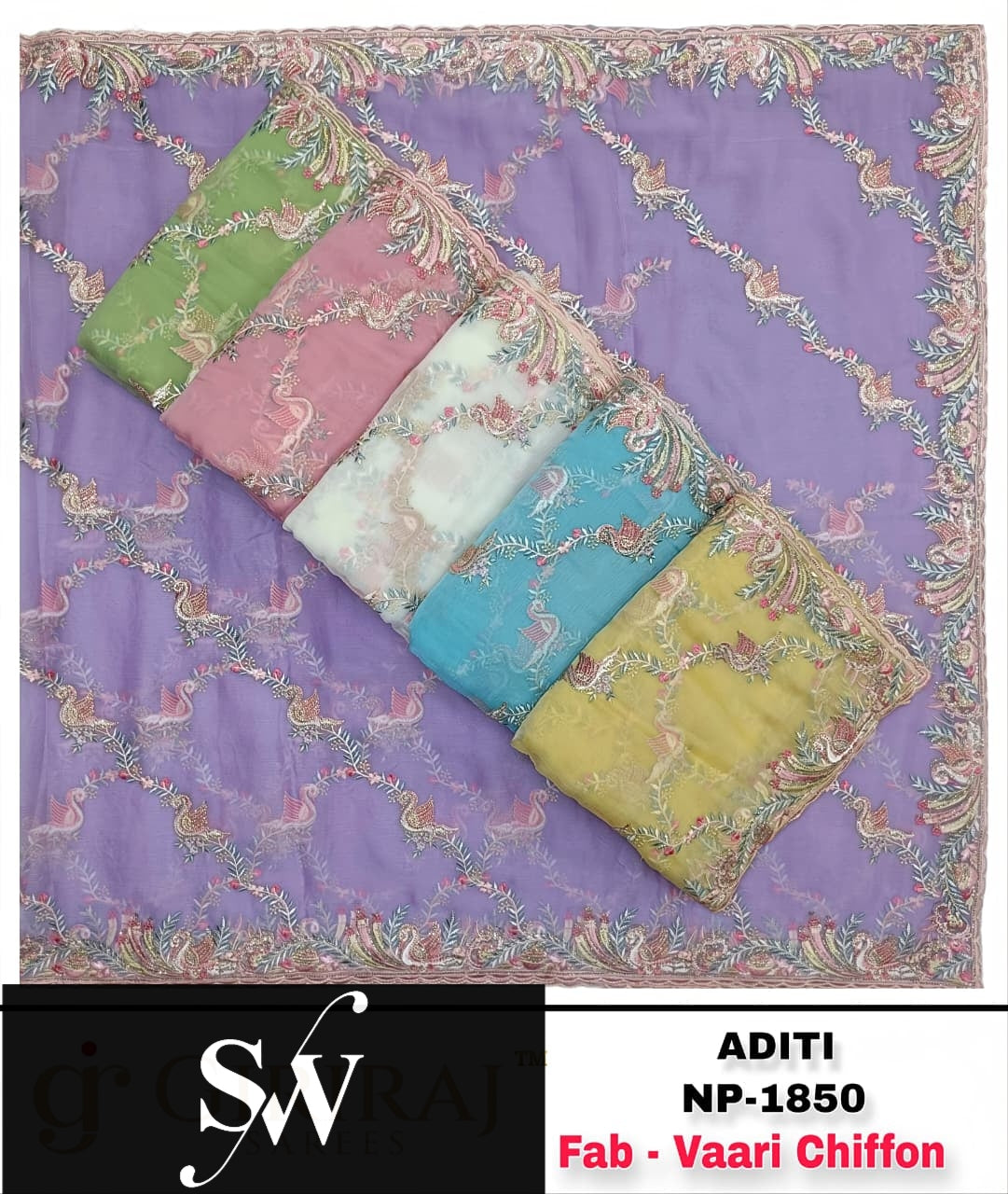 Blue Green Lavender Pink Green White Varri Chiffon Saree
