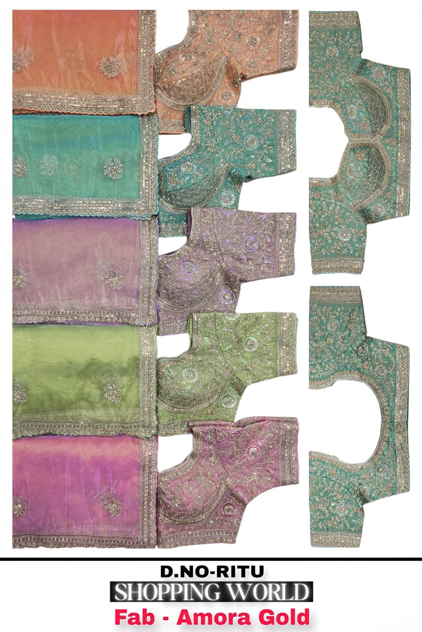 Peach Blue Green Pink Amora Gold Saree
