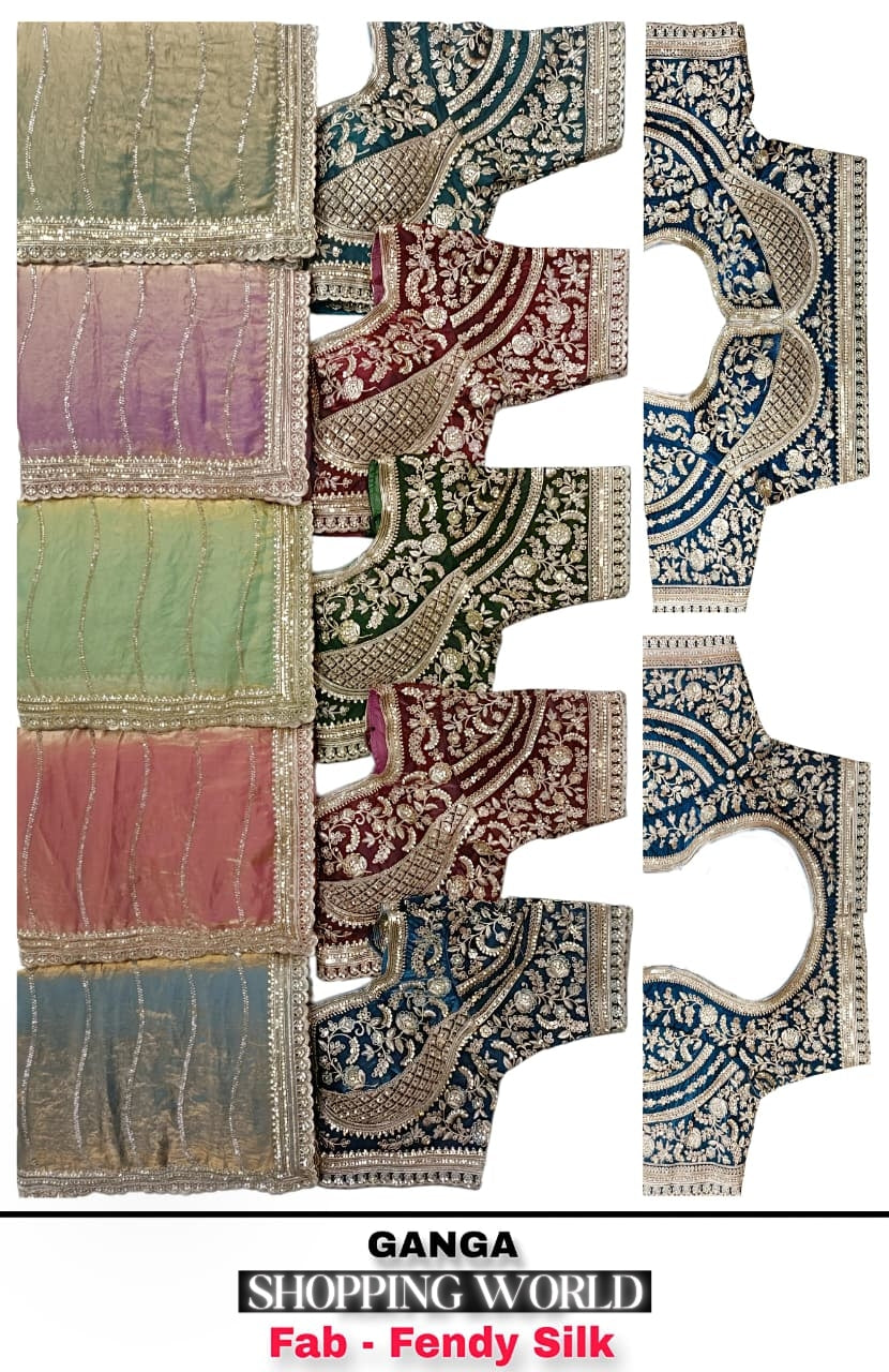 Peach Blue Green Fendy Silk Saree