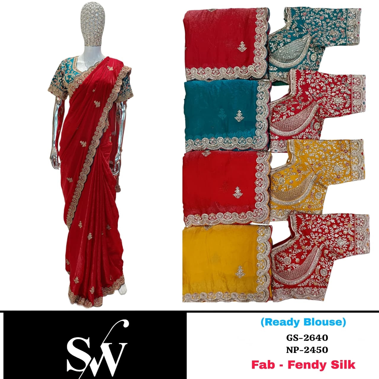 Yellow Blue Red Fendy Silk Saree