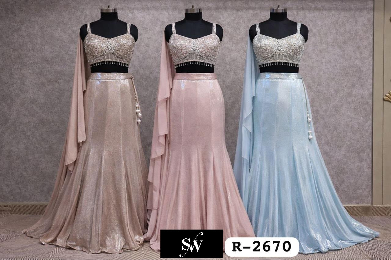 Peach Pink Sky Blue Crop Top Lehenga