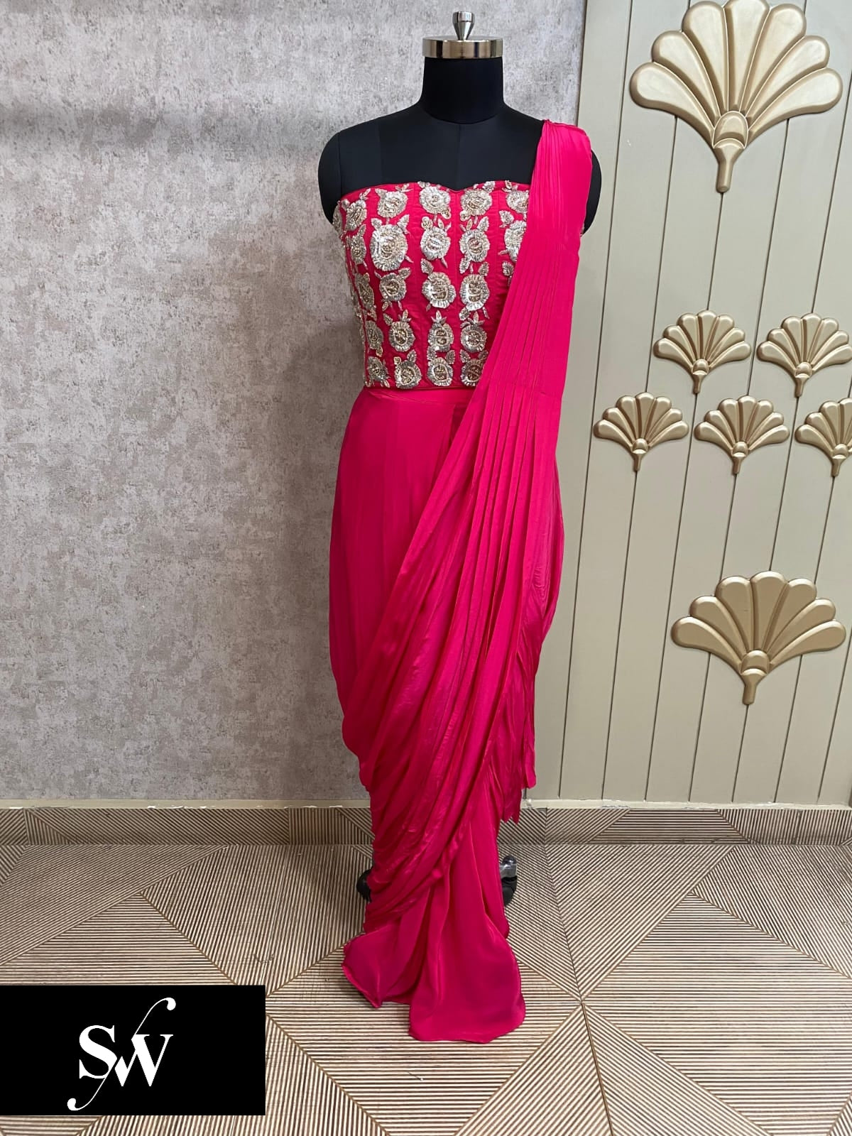Hot Pink Designer Ready To Wear Drape Saree