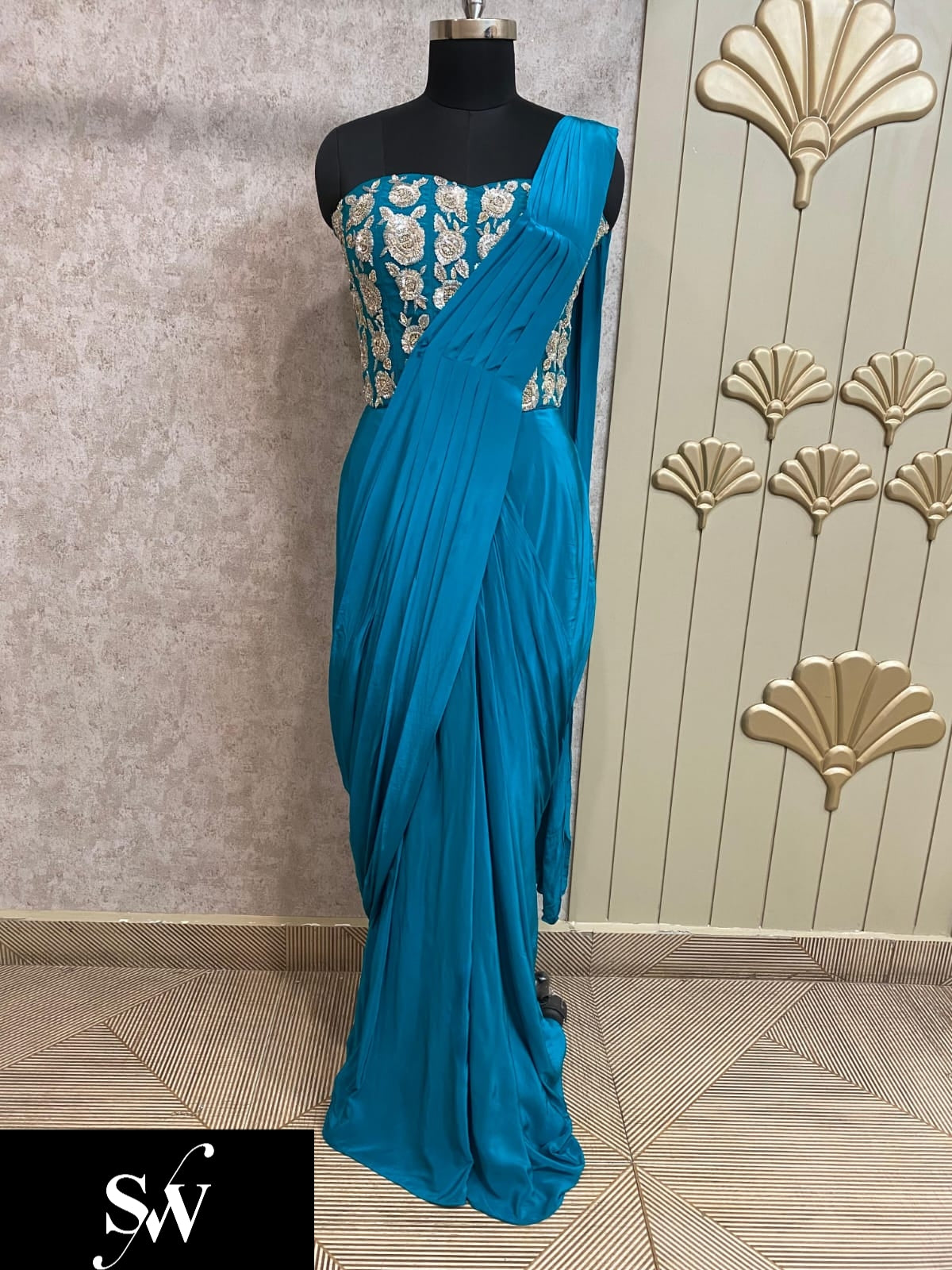 Sky Blue Designer Ready To Wear Drape Saree