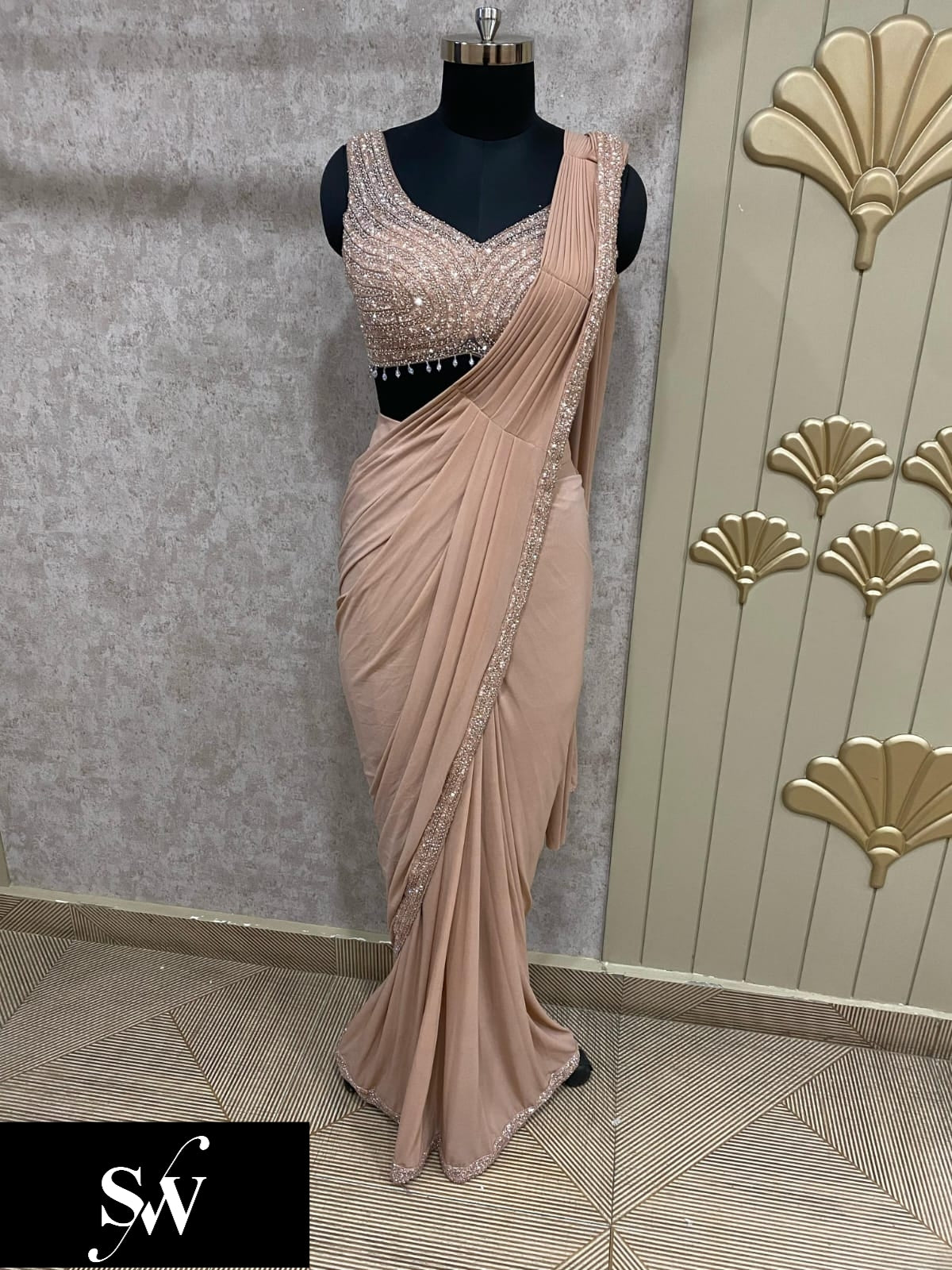 Peach Pink Ready To Wear Drape Designer Saree