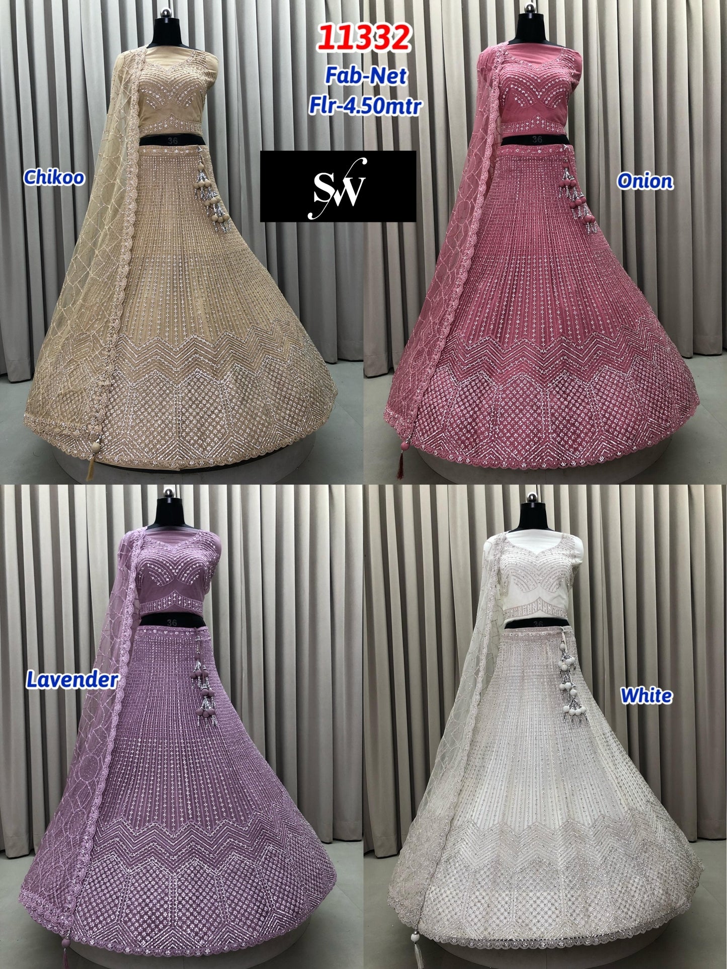 Chiku Golden Onion Pink Lavender White Net Lehenga