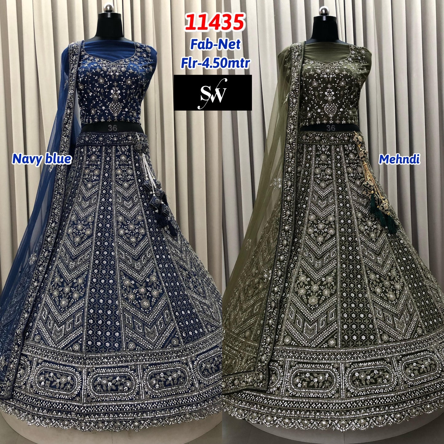 Navy Blue Mehendi Green Net Lehenga