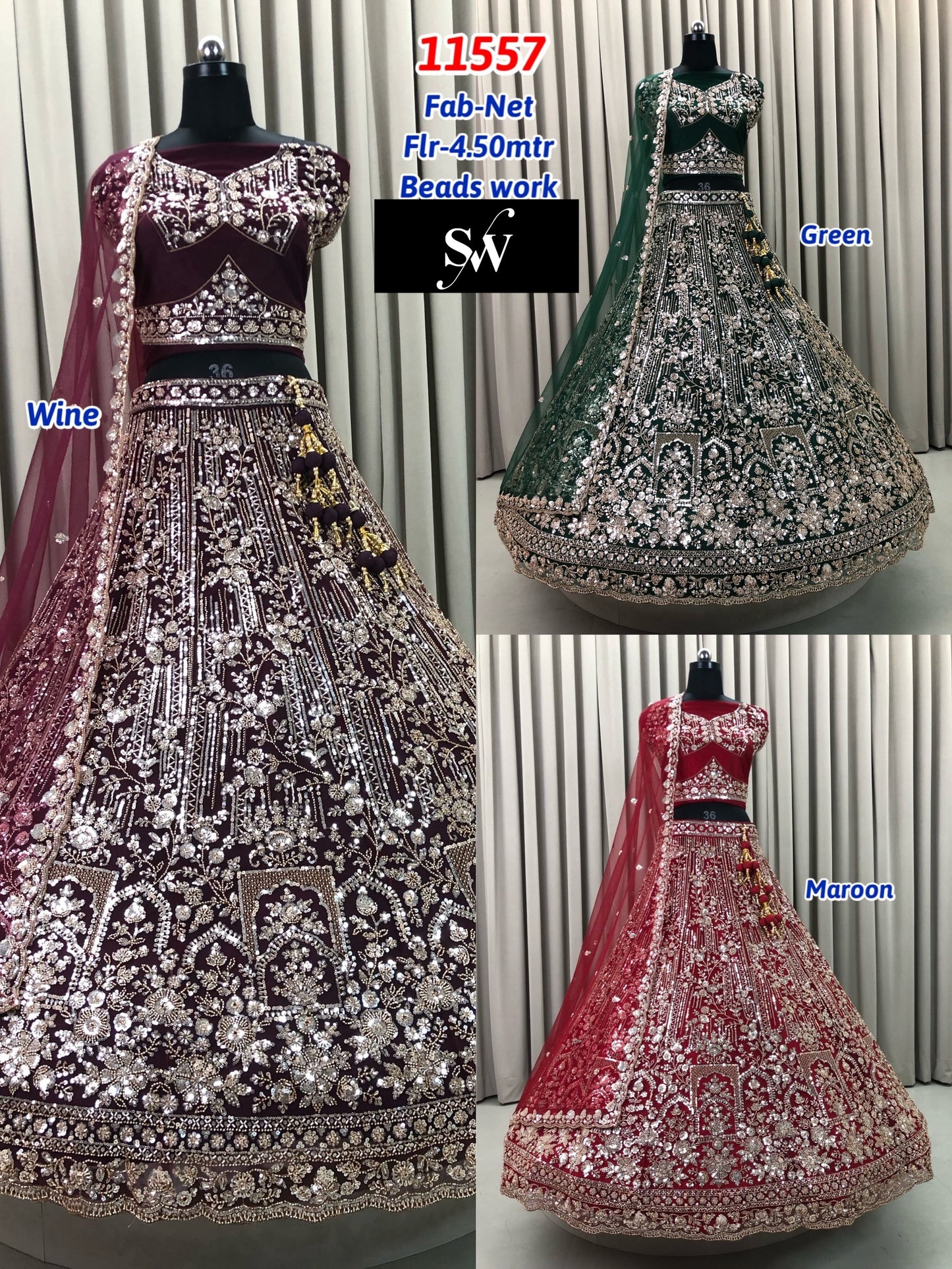 Wine Green Maroon Net Lehenga