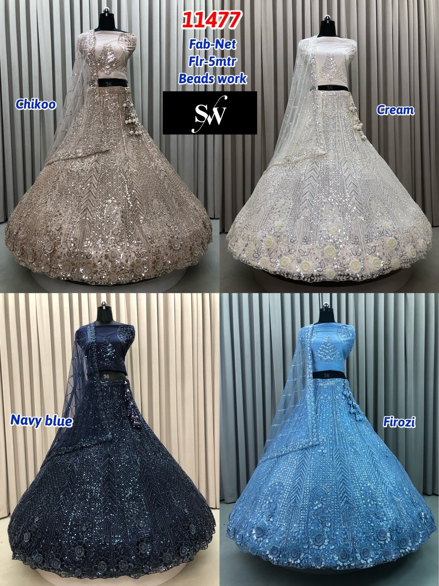 Chiku Golden White Navy Blue Firozi Blue Net Lehenga